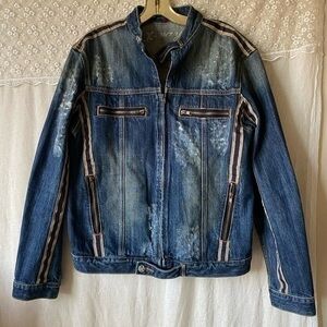 90s denim bomber Moto racing stripe distressed jacket x ray denim